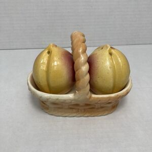 Vintage Ceramic Peaches in Basket Salt and Pepper Shakers Country Cottage Charm